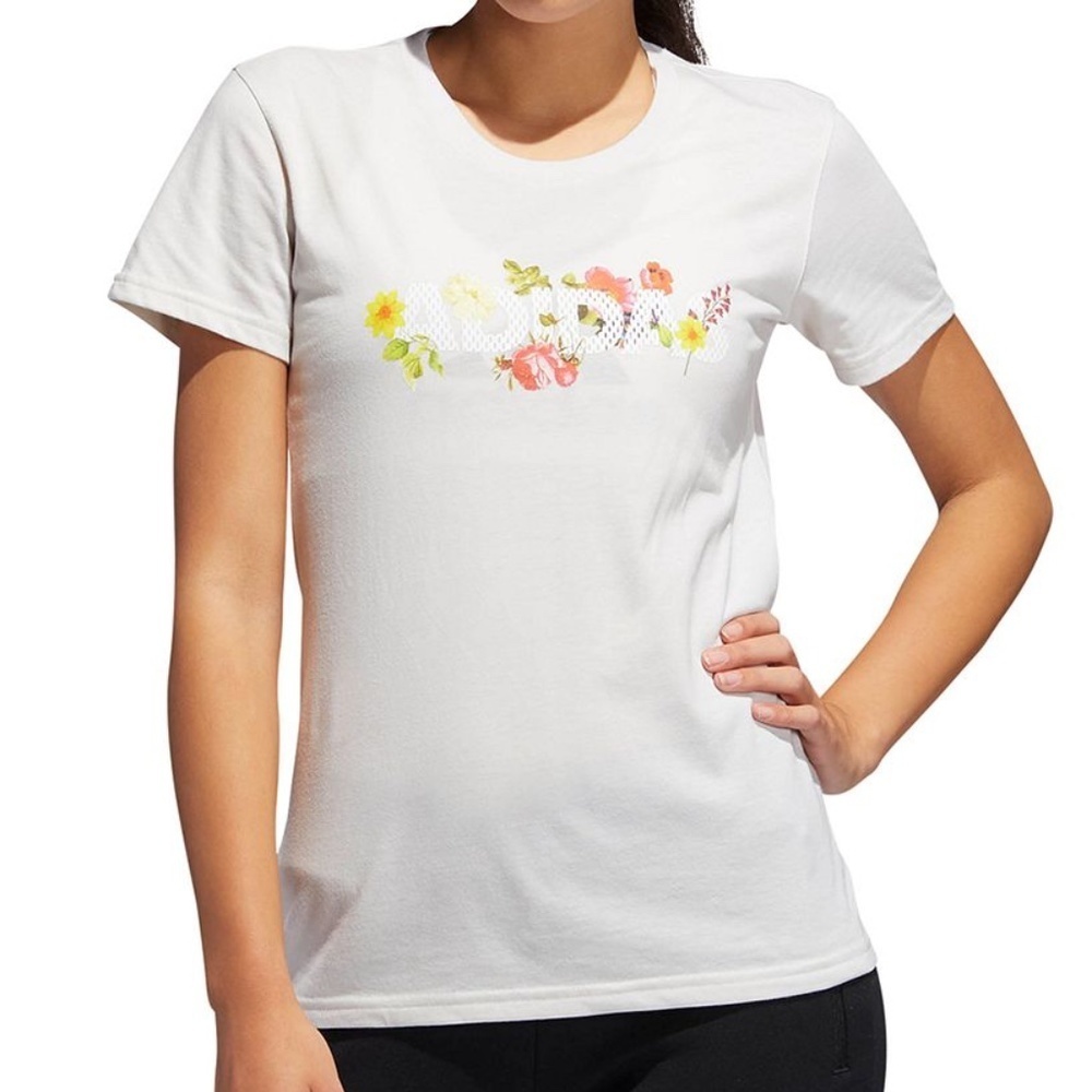 Adidas Cream Floral Logo Short Sleeve Shirt